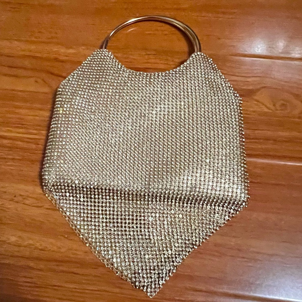 Vintage Small Purse Round Handles Mesh Gold Rhinestones Mesh Snap Closure Gold
